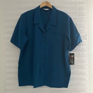 Maggie Sweet Womens 2X Teal Blue Short Sleeve Button Up Camp Shirt NWOT